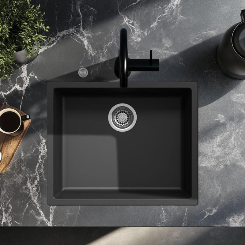 Ausmann Fibre schwarzes Spülbecken 50x40cm Unterbau, Aufbau und Flachbau mit automatischem Edelstahl-Stecker 1208971855