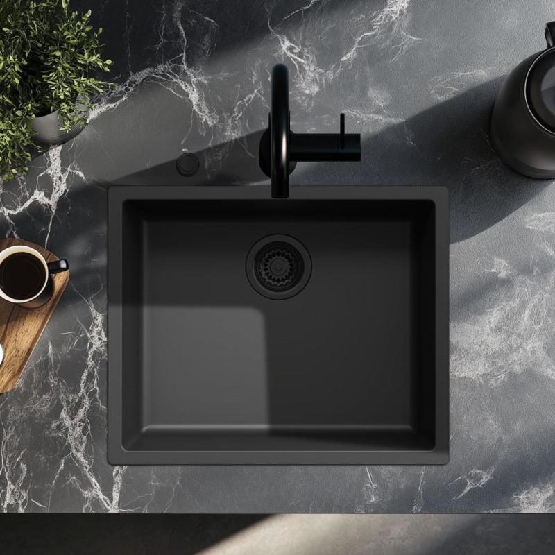 Ausmann Faser schwarzes Spülbecken 50x40cm Unterbau, Aufbau und flacher Einbau mit automatischem schwarzem Stopfen 1208971856