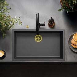 Ausmann Faser schwarz großes Spülbecken 70x40cm Unterbau, Aufbau und flächenbündiger Einbau mit automatischem goldenem Stecker 1208971864
