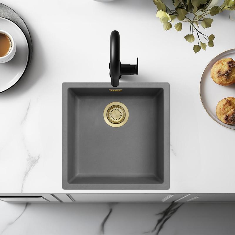 Ausmann Faserbeton graues Spülbecken 40x40cm Unterbau, Aufbau und flächenbündiger Einbau mit goldenem Stecker 1208971881
