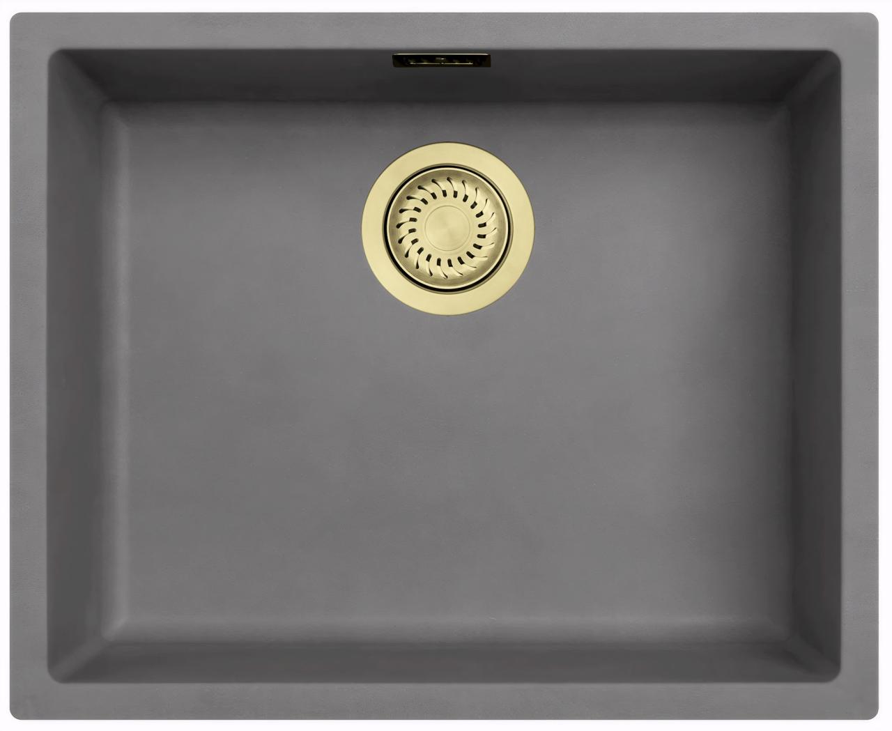 Ausmann Faserbeton graues Spülbecken 50x40cm für Unterbau, Aufbau und flächenbündigen Einbau mit goldenem Stopfen 1208971885