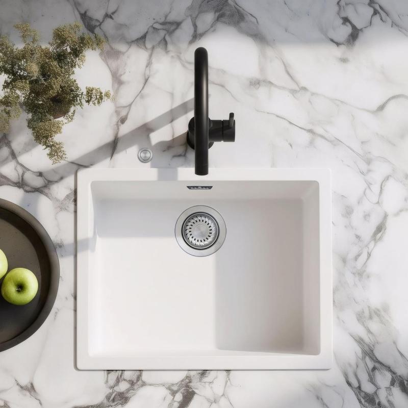 Ausmann Faser weißes Spülbecken 50x40cm Unterbau, Aufbau und flächenbündiger Einbau mit automatischem Edelstahlstöpsel 1208971898