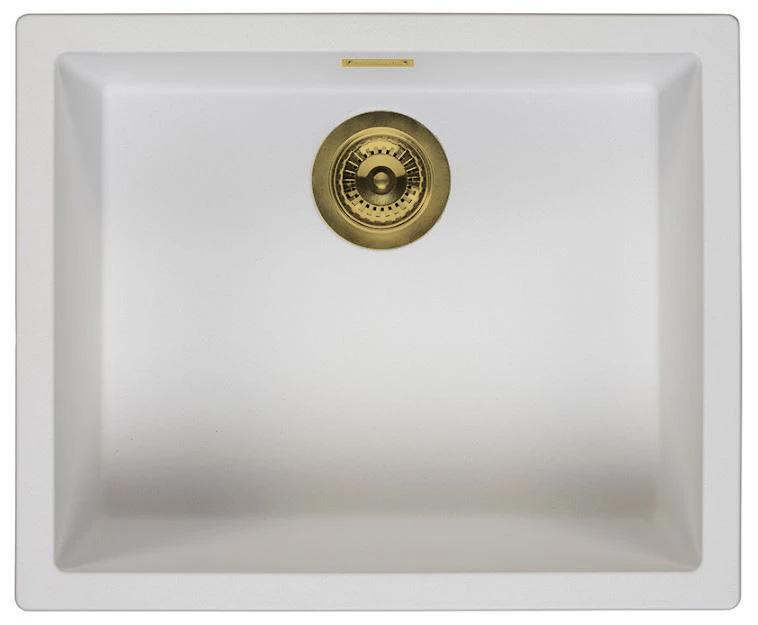 Ausmann Fibre weißes Spülbecken 50x40cm Unterbau, Aufbau und flächenbündige Montage mit automatischem goldenen Stecker 1208971901