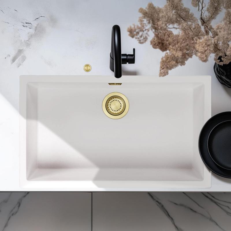 Ausmann Faser weiß großes Spülbecken 70x40cm Unterbau, Aufbau und flächenbündiger Einbau mit automatischem goldenem Stecker 1208971907