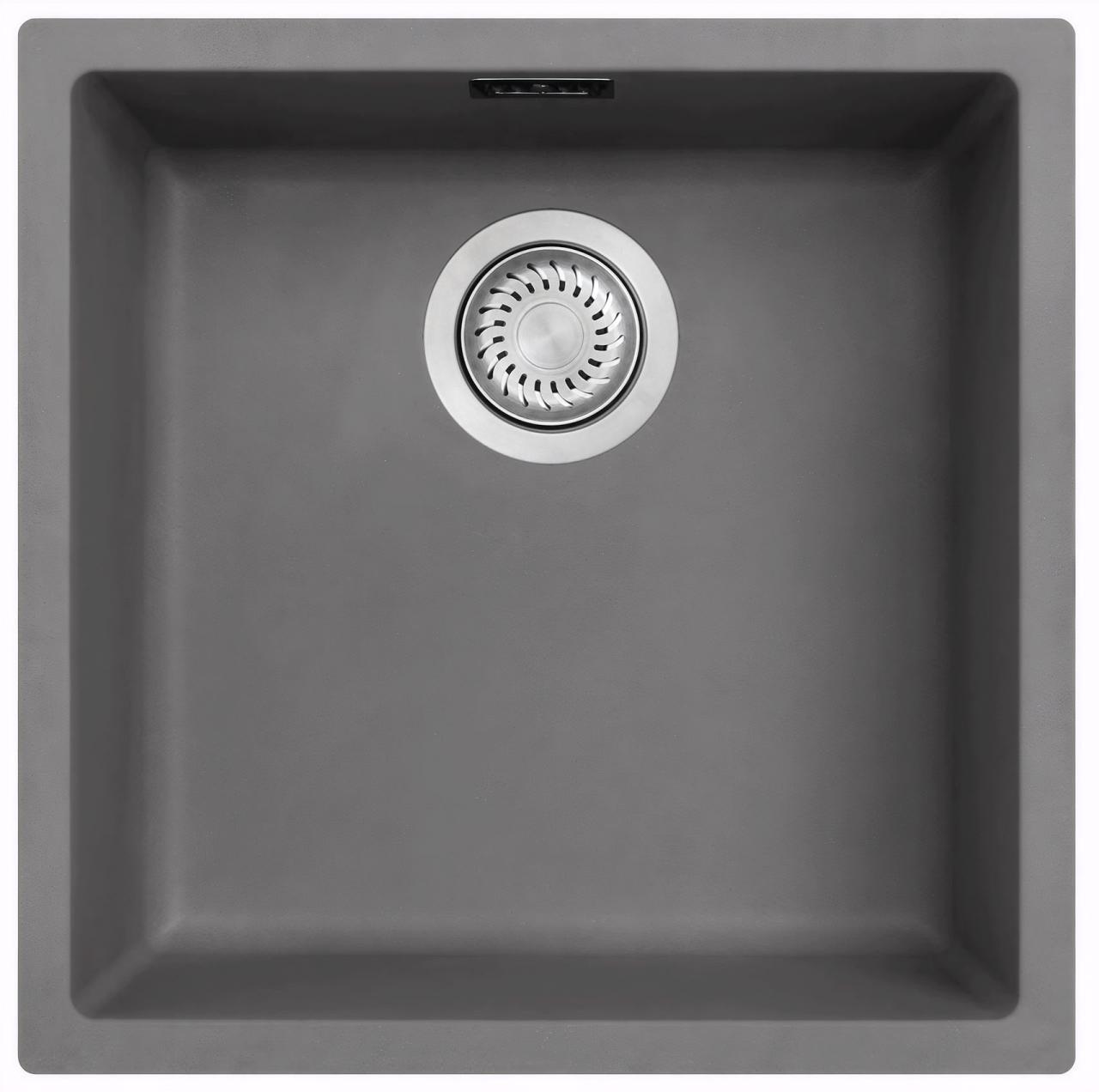 Ausmann Faserbeton graue Spüle 40x40cm Unterbau, Aufbau und flächenbündiger Einbau mit automatischem Edelstahlstopfen 1208971910