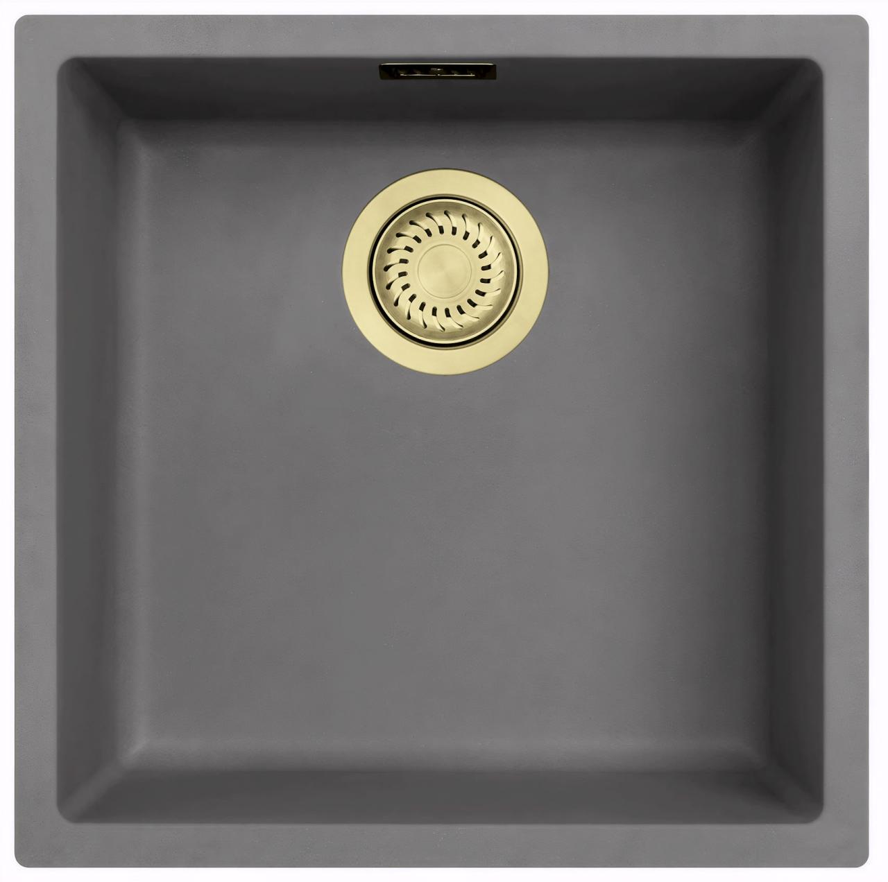 Ausmann Faserbeton graues Spülbecken 40x40cm Unterbau, Aufbau und flächenbündiger Einbau mit automatischem goldenem Verschluss 1208971913