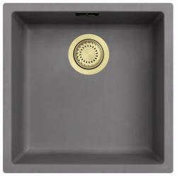 Ausmann Faserbeton graues Spülbecken 40x40cm Unterbau, Aufbau und flächenbündiger Einbau mit automatischem goldenem Verschluss 1208971913