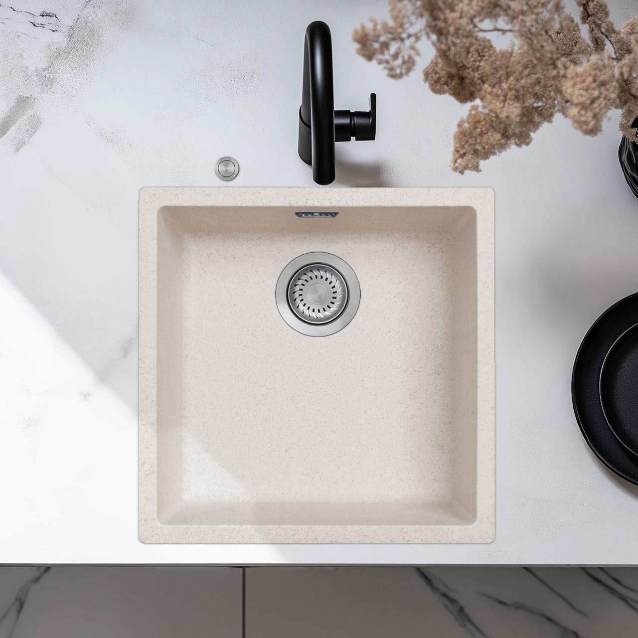 Ausmann Fibre Sand weißes Spülbecken 40x40cm Unterbau, Aufbau und flächenbündiger Einbau mit automatischem Edelstahl-Plug 1208971925