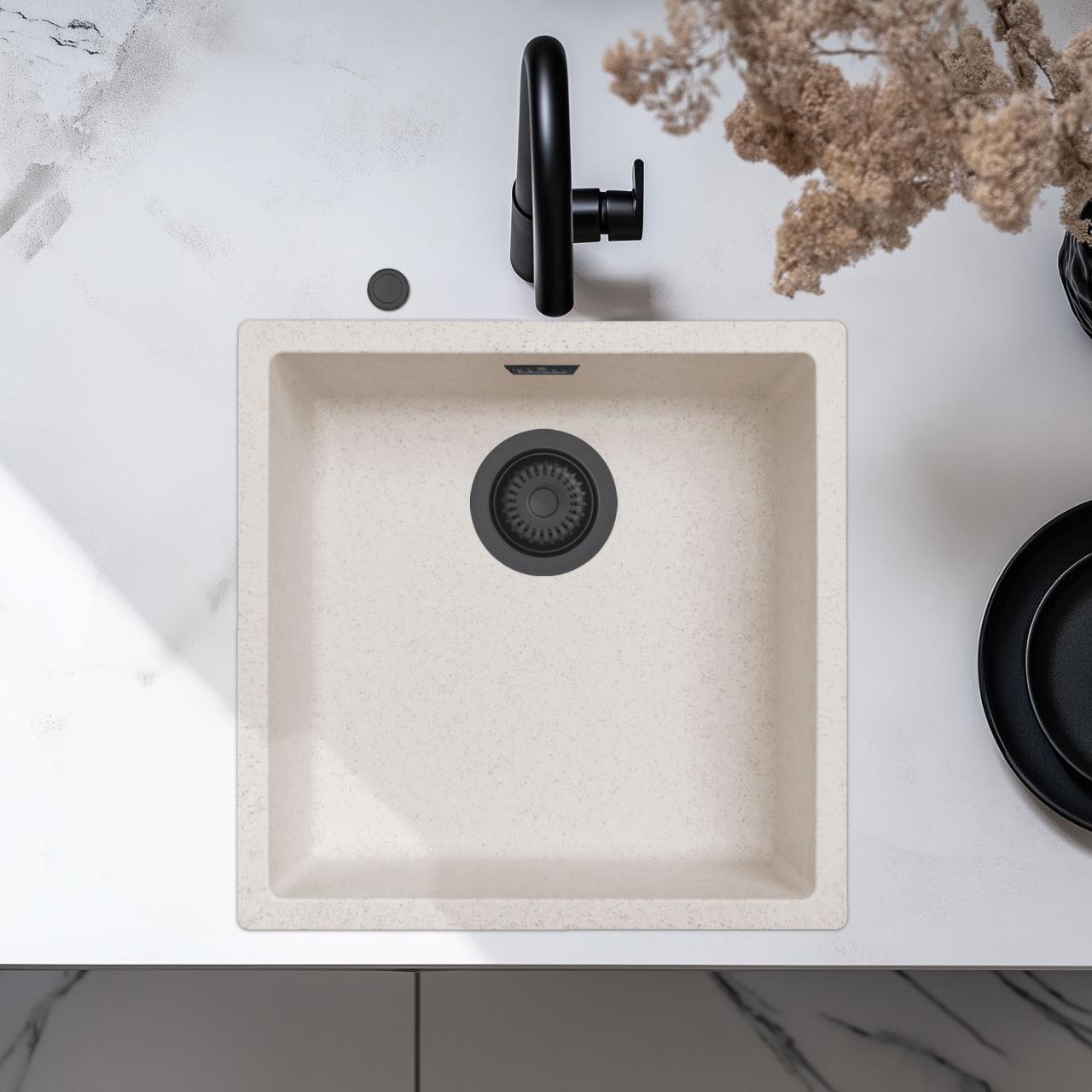 Ausmann Faser Sand weiße Spüle 40x40cm Unterbau, Aufbau und flächenbündige Montage mit automatischem schwarzem Plug 1208971926