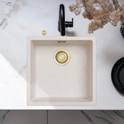 Ausmann Fibre Sand weiße Spüle 40x40cm Unterbau, Aufbau und flächenbündiger Einbau mit automatischem goldenen Stecker 1208971928