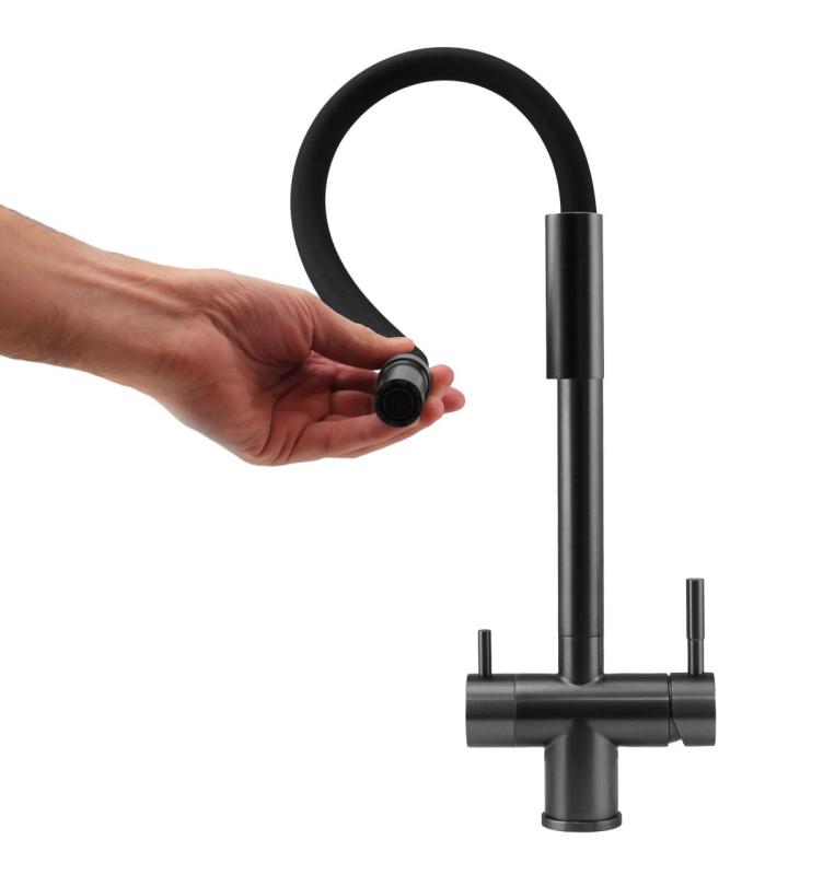 Pure.Sink Elite Steel Flex 3-Wege PVD Gun Metal Küchenarmatur mit flexiblem Auslauf und gefiltertem Wasser PS8110-61