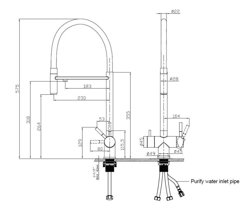Pure.Sink Elite Steel Flex 3-Wege PVD Kupfer Küchenarmatur mit flexiblem Auslauf und gefiltertem Wasser PS8110-62