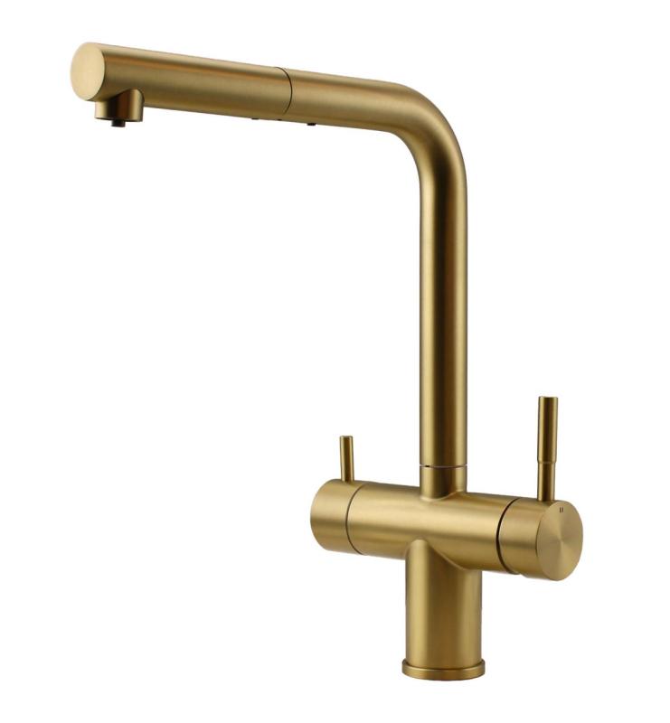 Pure.Sink Elite Steel Clear-S PVD gebürstetes Gold 3-Wege Küchenarmatur mit Ausziehbarer Auslauf und Gefiltertes Wasser PS8120-60