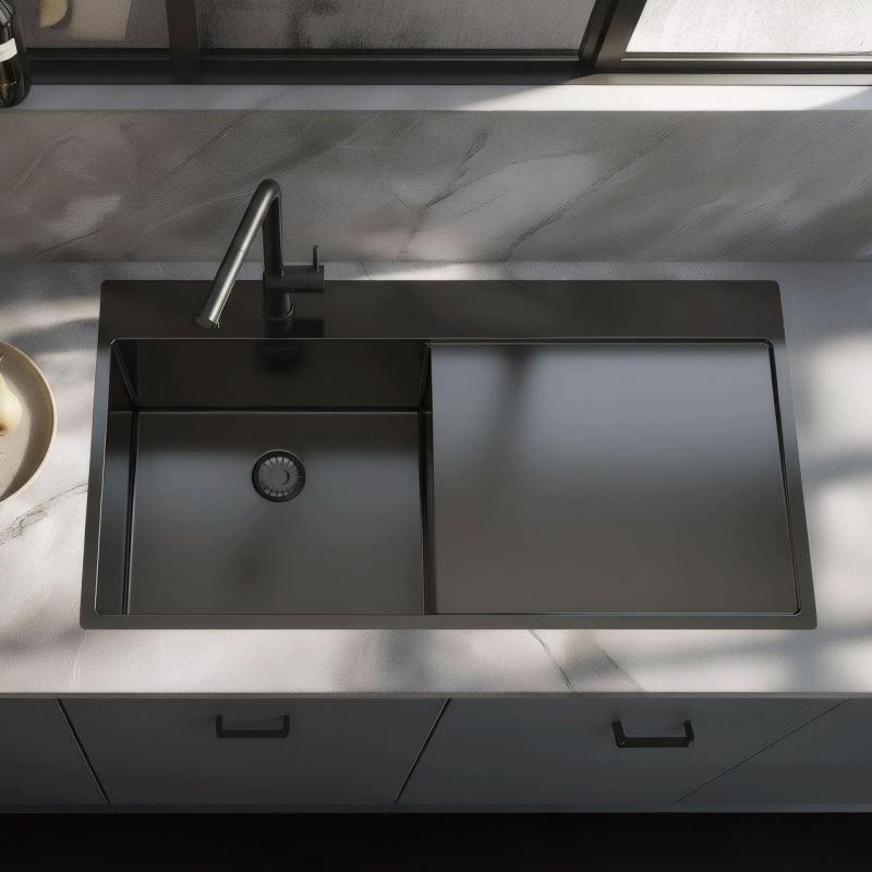 Pure.Sink Exclusivo Gun Metal Spülbecken mit Abtropffläche 100 x 52 cm Wasserhahn links PEX47100LT-61