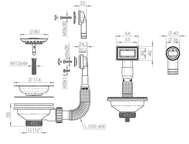 Pure.Sink Universal Korb-Stopfen-Set Kupfer, Abflussset Spülbecken inkl. Überlauf rund und rechteckig WSTMAN-62