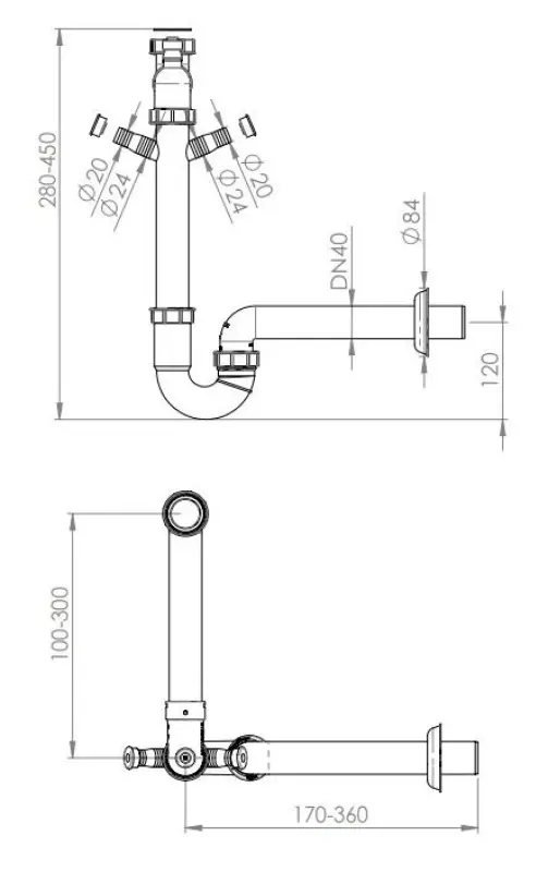 Pure.Sink Universal Siphon Platzsparender Spülbeckensiphon für die Küche mit 2 Geschirrspüleranschlüssen WSTSSI-32