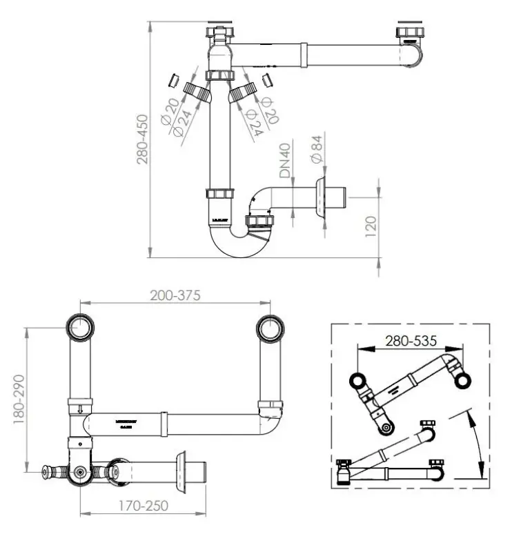 Pure.Sink Universal Siphon Doppelraum-platzsparender Spülbeckensiphon für die Küche mit 2 Geschirrspüleranschlüssen WSTDSI-32