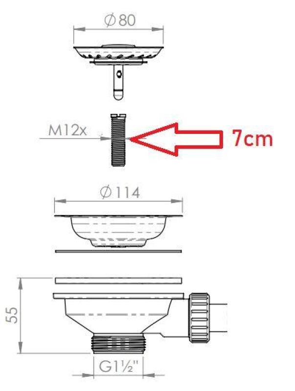 Pure.Sink Universal Hollow screw, 7 cm, M12x70 mm, for extending the basket plug set for thick materials WSTSCW-02