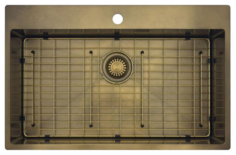 Pure.Sink Luxion Große PVD-Antik-Bronze-Spüle 78 x 50 cm Tapwing mit Hahnlochbank und Bodenrost PLX7850T-64