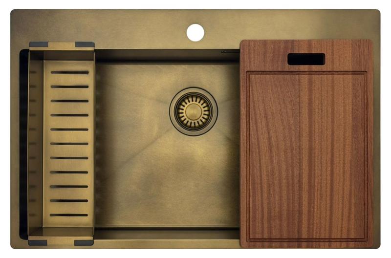 Pure.Sink Luxion Große PVD-Antik-Bronze-Spüle 78 x 50 cm Tapwing mit Hahnlochbank und Bodenrost PLX7850T-64