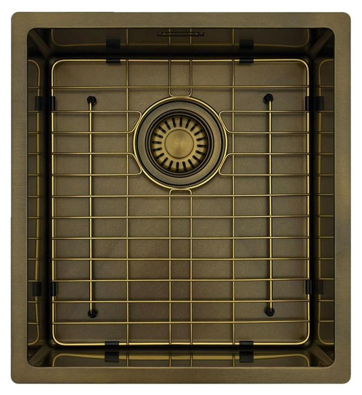 Pure.Sink Luxion PVD Antik Bronze Spülbecken 36x40 cm Unterbau, flach eingebaut und aufgesetzt  mit Bodenrost PLX3640-64