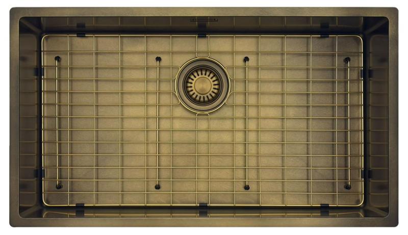 Pure.Sink Luxion Große PVD-Antik-Bronze-Spüle 74 x 40 cm Unterbau, flächenbündiger Einbau und Aufsatz mit Bodenrost PLX7440-64