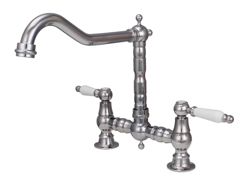 Aquanello Heritage Manor Classic Kitchen Nostalgic Bridge Kitchen Faucet Chrome with White Handle CR-0010-HM