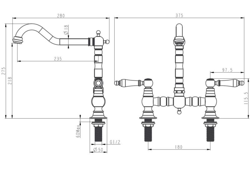Aquanello Heritage Manor Klassische Küche – Nostalgische Brückenarmatur aus Edelstahl mit weißem Hebel NB-0010-HM