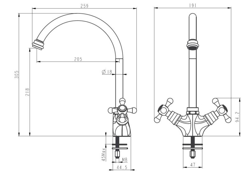 Aquanello Heritage Ascot Klassische Küche Nostalgischer Küchenwasserhahn Chrom mit rundem Auslauf CR-4003-HA
