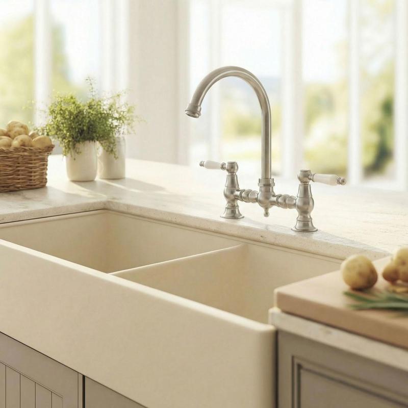 Aquanello Heritage Manor Klassische Küche Nostalgischer Brücken-Küchenhahn aus Edelstahl mit weißem Hebel und rundem Auslauf NB-0011-HM