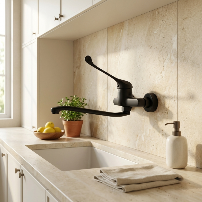 Aquanello Medic Kitchen Wall Faucet with Long Handle Black BL-1005-MD