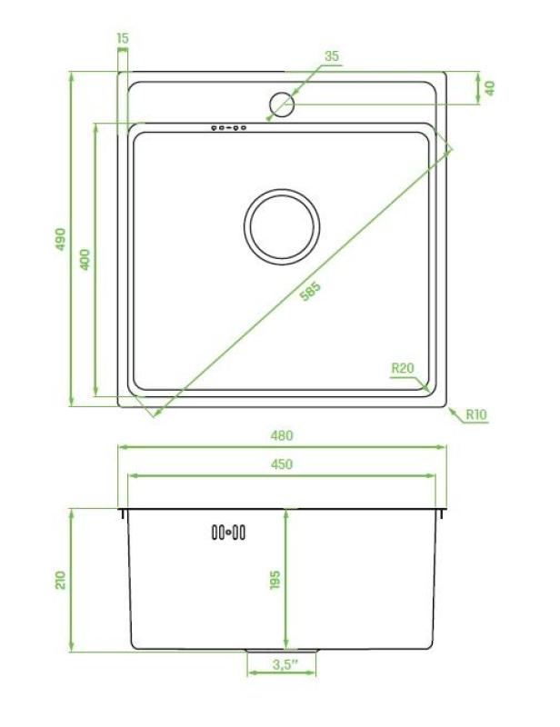 Aquadesign Plana Edelstahl-Aufsatzspüle 48 x 49 cm mit Lochbank, inklusive Siphon und Clickclack-Ablaufstopfen 1208972559