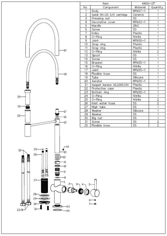 Aquanello Gastro Küchenarmatur mit flexiblem Auslauf, Chrom CR-4400-GT