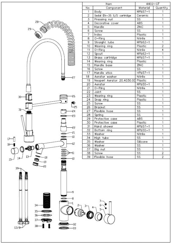 Aquanello Gastro Küchenarmatur mit professioneller Sprühfunktion, Chrom CR-4402-GT