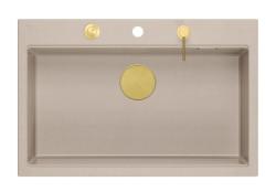 Quadri Hard Rock Beigefarbene Granitaufsatzspüle, groß, 76 x 50 cm, inklusive goldenem Abflussstopfen und Zubehör 1208972701