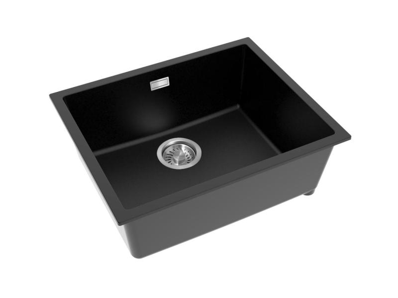 Pure.Sink Eternal Quartz Schwarzes Spülbecken 50 x 40 cm, Unter- und Aufsatzmontage, mit Edelstahl-Ablaufstopfen