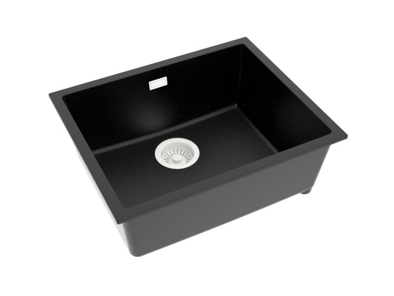Pure.Sink Eternal Quartz Schwarzes Spülbecken 50 x 40 cm, Unterbau- und Aufsatzmodell mit weißem Abflussstopfen