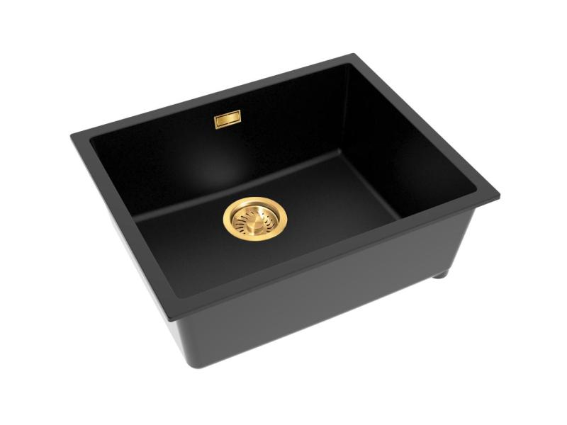Pure.Sink Eternal Quartz Schwarzes Spülbecken 50 x 40 cm, Unterbau- und Aufsatzmodell mit automatischem goldenem Abflussstopfen