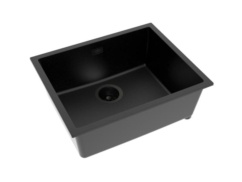 Pure.Sink Eternal Quartz Schwarzes Spülbecken 50 x 40 cm, flächenbündig und unterbaugeeignet, mit schwarzem Abflussstopfen