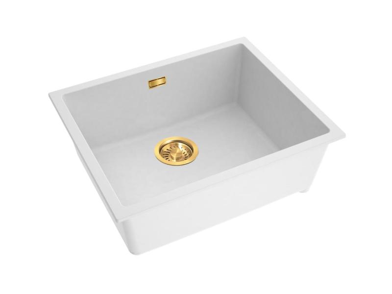 Pure.Sink Eternal Quartz-Spülbecken, weiß, 50 x 40 cm, für Unterputz- und Aufputzmontage, mit goldenem Abflussstopfen