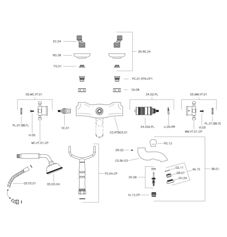 Huber Victorian Thermostatic Wannenbatterie mit Handbrause Chrom VTT3301021