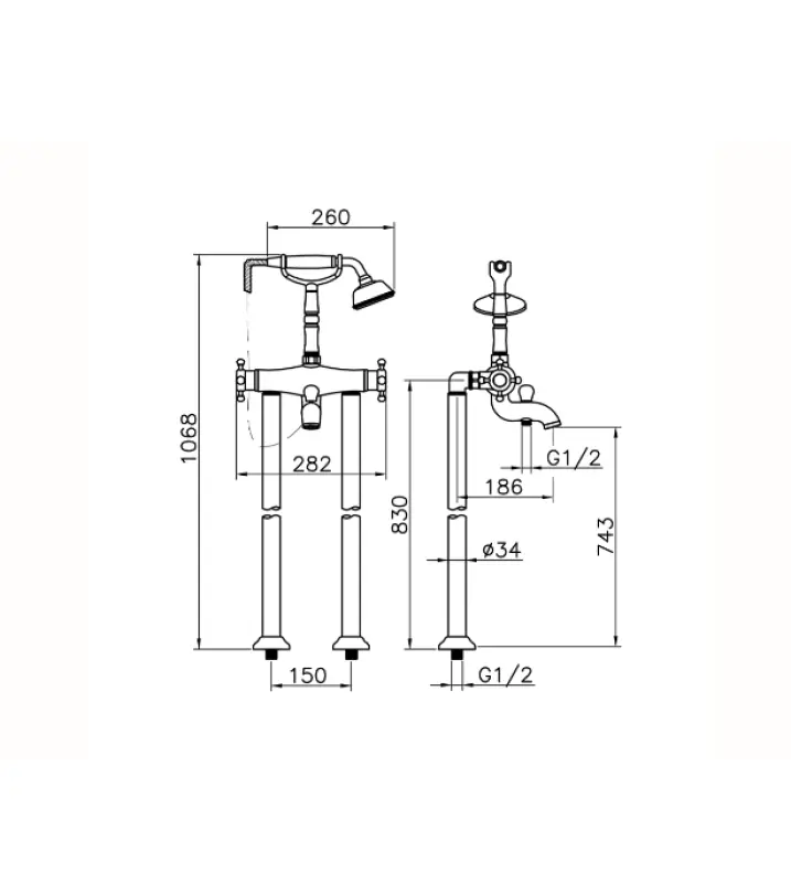 Huber Victorian Boden-Thermostat-Badewannenbatterie mit Handbrause Chrom VTT3901021