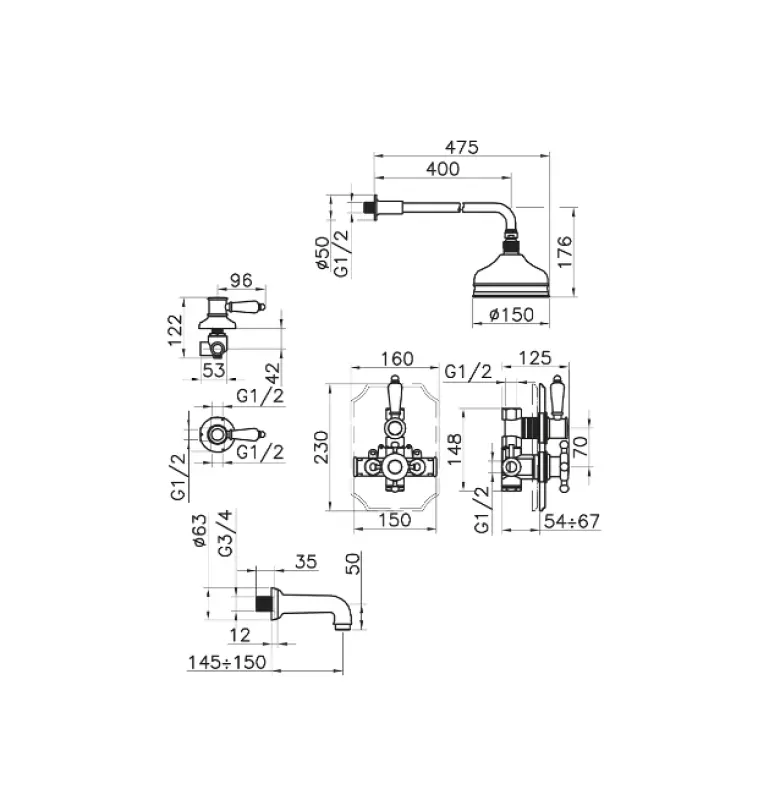 Huber Victorian Thermostat-Einbau-Duschgarnitur Chrom 916.VT01H.CR